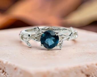Natural London Blue Topaz Ring: Sterling Silver Leaf Ring, Handmade