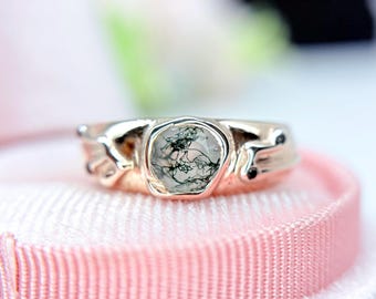 Zelda Inspired Moss Agate Engagement Ring: Art Deco Black Onyx Wedding Ring