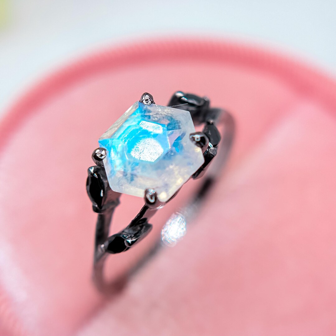 polygon ring | gokstone Images High Quality Grahic Gothic Hexagon Moonstone Ring: Black Onyx Sterling Silver Statement ...