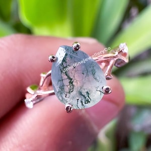 Moss Agate Ring, Nature Green Moss Agate Ring For Women, Silver Pear Nature Branch Ring, Leaf Agate Ring, Engagement Ring, 3 Gemstones Ring