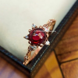 Cabochon Garnet Ring: Rose Gold Plated Sterling Silver, Simulated Diamond Accents