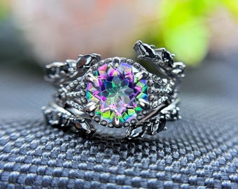 Gothic Black Gold Ring: Rainbow Mystic Topaz & Black Onyx
