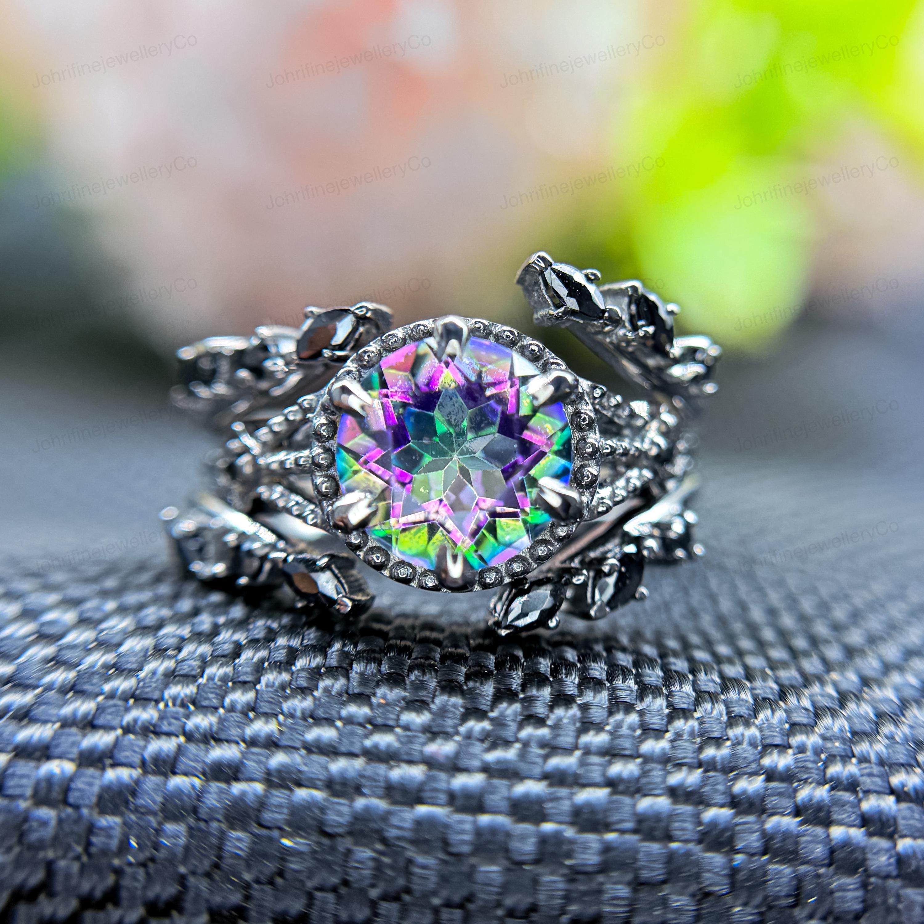 Gothic Black Gold Ring: Rainbow Mystic Topaz & Black Onyx