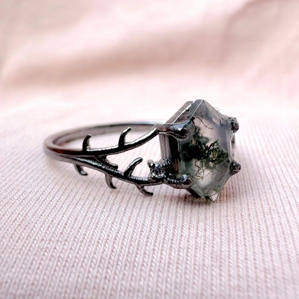 Moss Agate Hexagon Ring: Leaf Solitaire, Sterling Silver Promise Ring