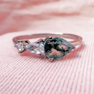 Pear Moss Agate Engagement Ring: Art Deco Cubic Zirconia Sterling Silver Wedding Band