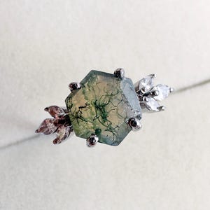 Blatt Moosachat Ring: Sterling Silber, künstliche Diamant Akzente