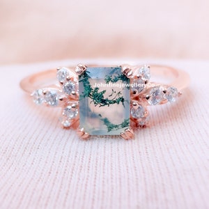 Emerald Cut Moss Agate Ring: 14k Rose Gold Sterling Silver Leaf Ring