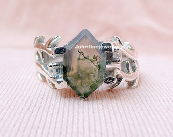 Natural Moss Agate Ring Hexagon Engagement Ring Inspired Leaf Solitaire Ring Green Healing Gemstone Ring Unique Promise Ring Women