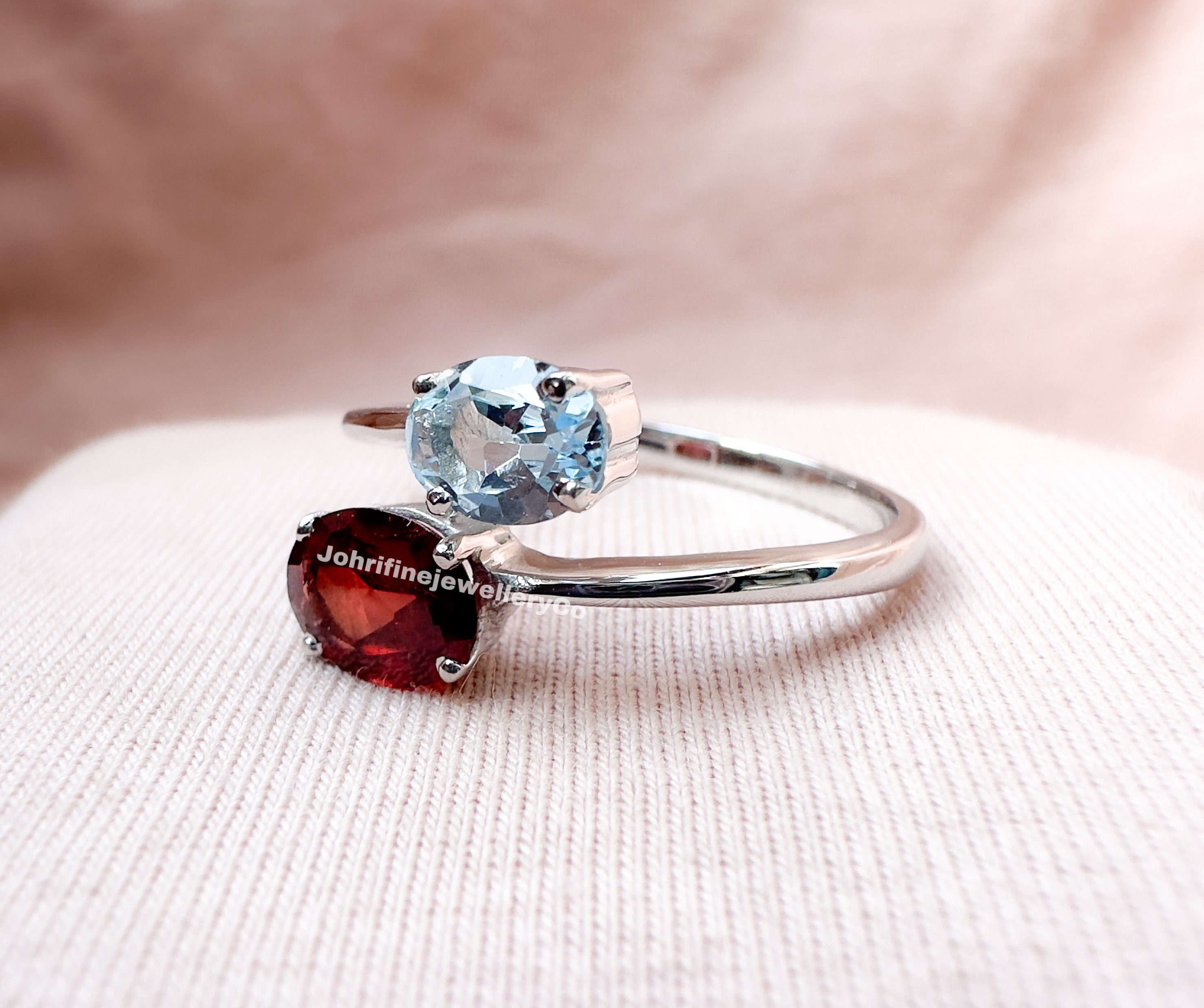 Pear Cut Moissanite Engagement Ring Garnet and Opal Side Stone Promise Ring  - MollyJewelryUS