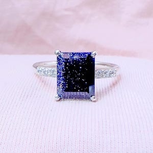 Blue Sandstone Emerald Cut Engagement Ring, Goldstone Solitaire Ring, Galaxy Ring, Space Ring, Nebula Ring, Promise Ring, Christmas Gift