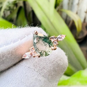 Moss Agate Ring Engagement Ring, Pear Cut Gems, Art Deco Cz Wedding Band, 7 Stone Women Ring, Bridal Promise Ring, 925 sterling silver Ring