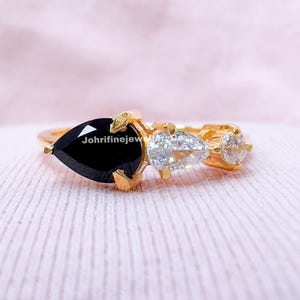 Black Onyx Pear Cut 14k Gold Ring: Art Deco Bridal Promise Ring