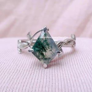 Anillo de ágata musgosa con corte de cometa: anillo de promesa de plata de ley con diseño de hoja Art Déco