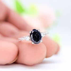 Blue Galaxy Sandstone Ring: Sterling Silver, Moissanite Accents