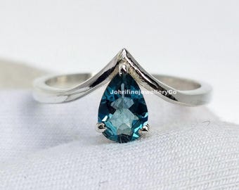 Pear London Blue Topaz Ring: Dainty Sterling Silver Chevron Promise Ring
