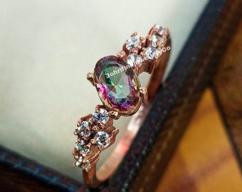 Mystic Topaz Promise Ring: Rose Gold Sterling Silver, Simulated Diamonds