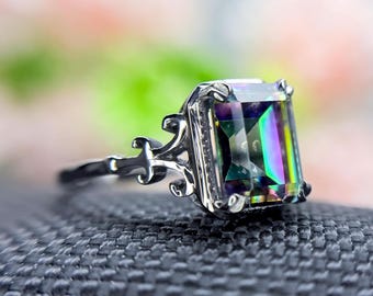 Emerald Cut Mystic Topaz Sterling Silver Ring, Gift for Her