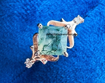 Princess cut moss agate Ring, Engagement Ring in Rose Rold, Art Deco Ring Nature Inspired  5 Gemstone Ring