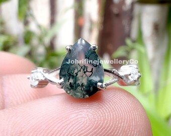 Unique Pear Cut Green Moss Agate Engagement Ring, Bride Wedding Ring, Unique Leaf Ring, Inspired Leaf Jewelry For Womens, Christmas Gift