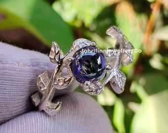 Dainty Iolite Ring: Sterling Silver Twig, Rose Gold Flower, Wild Nature