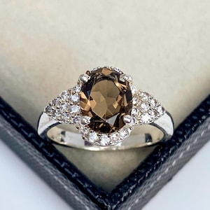 Unique Brown Smoky Quartz Ring - Solid Silver with CZ Accents - Promise Ring for Her