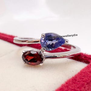 Handmade Tanzanite Garnet Ring: Pear & Oval, Sterling Silver Dual Gemstone