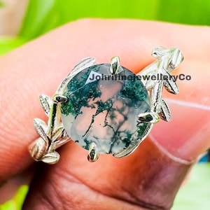 Natural Moss Agate Ring, Leaf Moss Agate Ring, Nature Inspired Leaf Ring, Anniversary Ring, Healing Gemstone Ring, Engagement Ring For Women