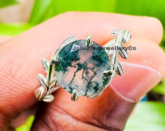 Moss Agate Leaf Ring: 925 Sterling Silver, Nature Inspired