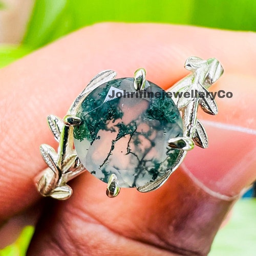 Moss Agate Leaf Ring: 925 Sterling Silver, Nature Inspired