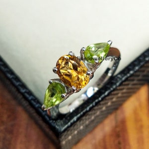 Multi Gemstone Ring, Natural Citrine And Peridot Ring, 925 sterling silver, Anniversary Ring, August & November Birthstone