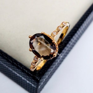 Smoky Quartz Sterling Silver Engagement Ring: Oval Cut, Simulated Diamonds