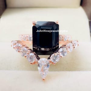 Black Onyx & Simulated Diamond Ring Set: 14K Rose Gold Sterling Silver
