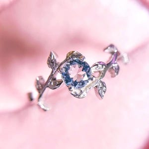 Aquamarine Leaf Ring: Sterling Silver March Birthstone Engagement Ring