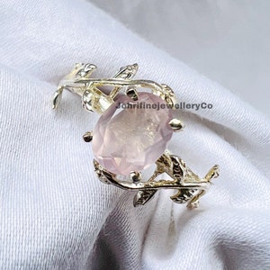 Natural Rose Quartz Ring 14k Gold Vermeil Ring Leaf Pink Crystal 925 Silver Ring Olive Promise Birthstone Ring Christmas gifts Promise ring