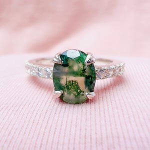 Natural Moss Agate Engagement Ring: Sterling Silver Promise Ring
