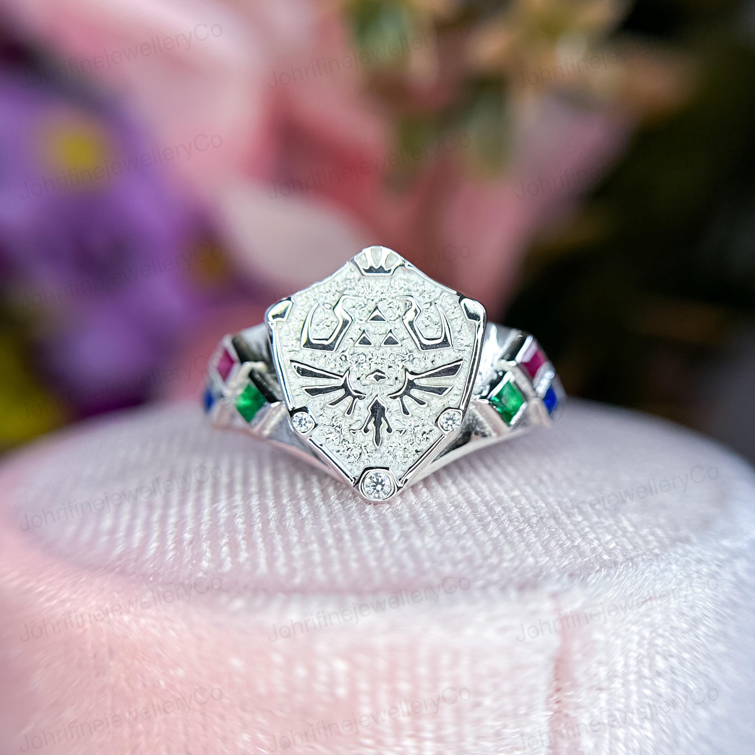 Legend of Zelda Ring: Sterling Silver Hylian Shield, Lab Sapphire