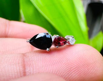 Black Onyx & Garnet Pear Cut Ring: Sterling Silver Anniversary Engagement Jewelry
