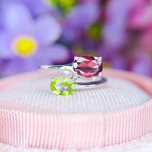 Handmade Garnet and Peridot Ring: Oval Cut Sterling Silver Jewelry