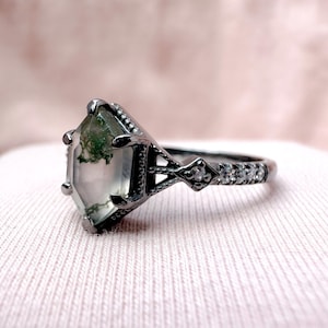 Hexagon Moss Agate Ring: Sterling Silver Stacking Ring