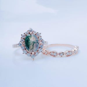 Moss Agate Engagement Ring Set: 14k Rose Gold & Cubic Zirconia