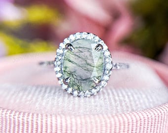 Anillo vintage de ágata musgosa ovalada: halo de racimo de oro de 14 k, banda de eternidad