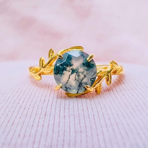 Natural Moss Agate Ring, Leaf Moss Agate Ring, Nature Inspired Leaf Ring, Anniversary Ring, Healing Gemstone Ring, Engagement Ring For Women