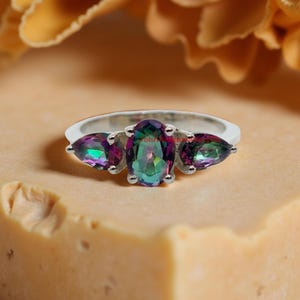 Mystic Topaz Sterling Silver Ring: Oval & Pear Gemstone Prong Setting