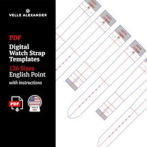 Op de afbeelding: Een set van vier digitale horlogeband sjablonen in PDF-formaat. De sjablonen zijn voor verschillende maten horlogebanden, met metingen in millimeters. De sjablonen zijn voor English Point horlogebanden. De tekst "PDF" en "Made in USA" is zichtbaar in de afbeelding.