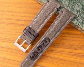 Gray Canvas Watch Strap 20mm – Handmade Rugged Band, Goatskin Lined