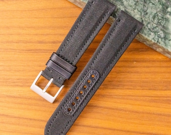 Correa de reloj de lona negra hecha a mano – Forrada en piel de cabra, 20 mm