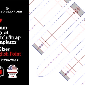 Puede incluir: Plantillas digitales de correas de reloj con instrucciones. Las plantillas son para correas de 24 mm y vienen en 18 tamaños. El diseño es English Point. El texto "VELLE ALEXANDER" y "MADE IN USA" están incluidos.