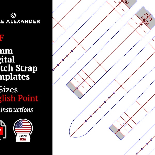 20mm Digital Watch Strap Templates | 18 Sizes | English Point | PDF