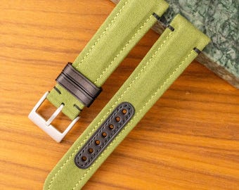 Handmade Green Canvas Watch Strap 20mm – Leather Accents, Goatskin Lining