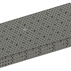 May include: A gray metal workbench with a grid of holes and four small metal bolts. The workbench is designed for holding and securing tools and materials.